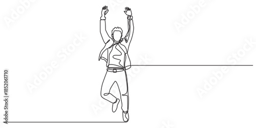 Happy jumping celebrating  illustration in continuous one line drawing. Happy person jumping high giving high five in one line draw. Editable vector, continuous line drawing of four jumping happy team