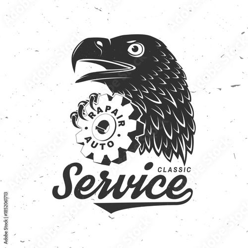 Auto service logo, emblems, badges and icons. Vector. For expert service car repair center, restoration and car club with eagle and vehicle gear silhouette