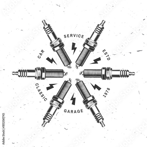 Auto service logo, emblems, badges and icons. Vector. For expert service car repair center, restoration and car club with sparks plug silhouette