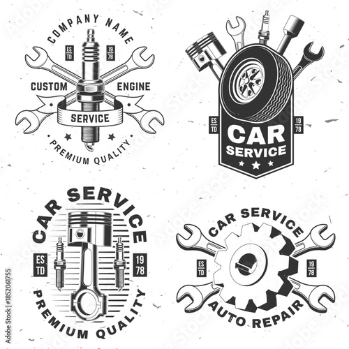 Auto service logo, emblems, badges and icons. Vector. For expert service car repair center, restoration and car club with wrench, gears, spark plug, skull, automobile tools pistons silhouette