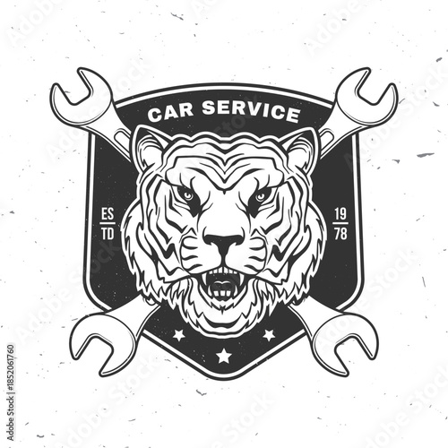 Auto service logo, emblems, badges and icons. Vector. For expert service car repair center, restoration and car club with tiger and vehicle gear silhouette