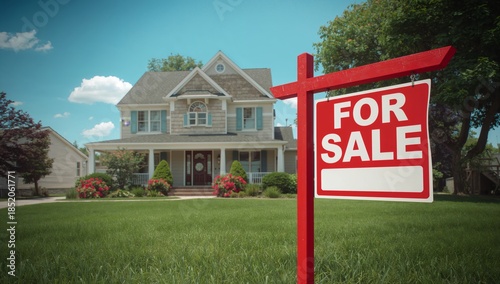 House for Sale in a Suburban Area With Yard and Red Sign During Daytime