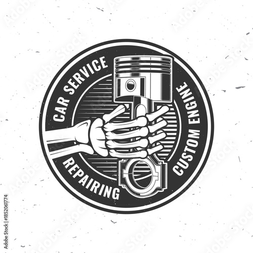 Auto service logo, emblems, badges and icons. Vector. For expert service car repair center, restoration and car club with Human skeleton hand holding automobile tools pistons silhouette