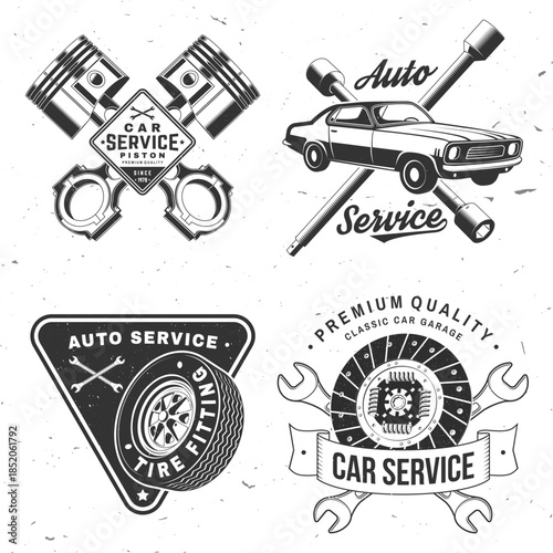 Auto service logo, emblems, badges and icons. Vector. For expert service car repair center, restoration and car club with wrench, vehicle clutch, automobile tools pistons silhouette