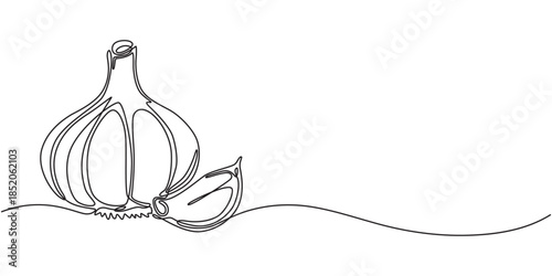Continuous Line Drawing Of Garlic & Parsley On A Transparent background, Abstract garlic head and clove, continuous single one line art hand drawing sketch logo, Continuous one single minimal line.