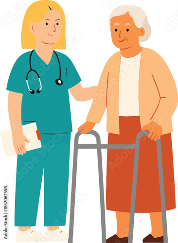 Caring Nurse Assisting Elderly Woman with Walker, Nurse take care patient, Geriatric Healthcare Illustration

