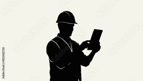 Silhouette of a construction worker using a tablet computer on a job site.