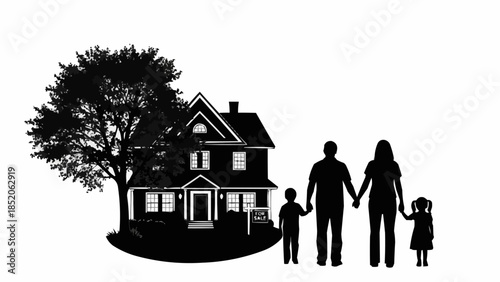 Family standing in front of a house with a tree.