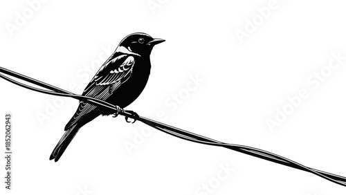 A solitary bird perched on a wire against a stark white background.