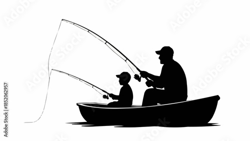Father and Son Fishing Together in a Boat Silhouette.