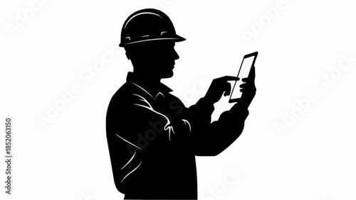 Silhouette of a construction worker using a tablet device.