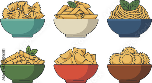 Flat Vector Illustration of Assorted Italian Pasta Types Including Farfalle Penne Spaghetti and Ravioli in Colorful Bowls