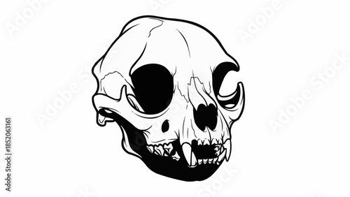 Detailed Illustration of a Cat Skull with Sharp Teeth and Empty Eye Sockets.