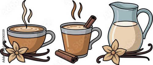 Flat Vector Illustration of Coffee Cups with Cinnamon Sticks Vanilla Pods and Milk Pitcher