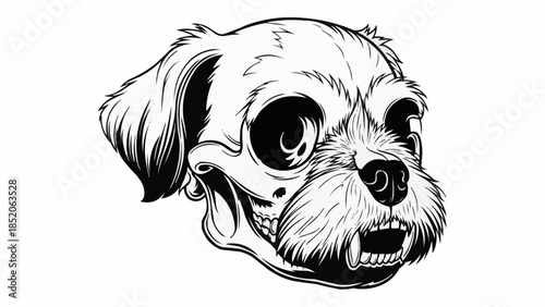 Creepy Skull Dog Head Illustration with Open Mouth and Fierce Eyes.