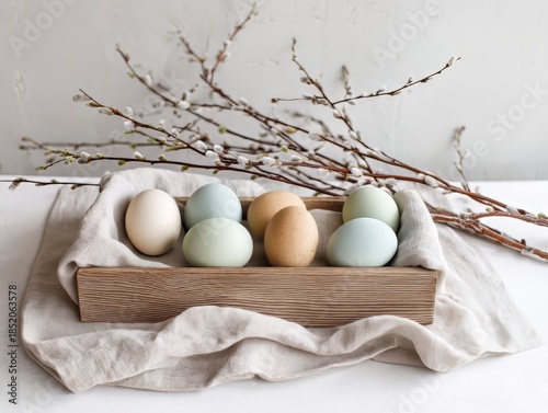 Easter eggs and willow branches on fabric