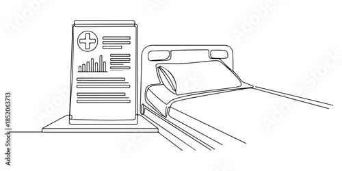 Continuous one line of a medical chart beside a hospital bed, representing inpatient medical monitoring, hand drawn vector illustration.