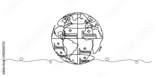 Continuous one line of a globe combined with hospital bed icons, representing international inpatient care service, hand drawn vector illustration.