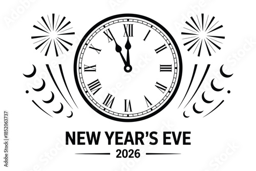 Clock striking midnight on New Year's Eve with festive fireworks