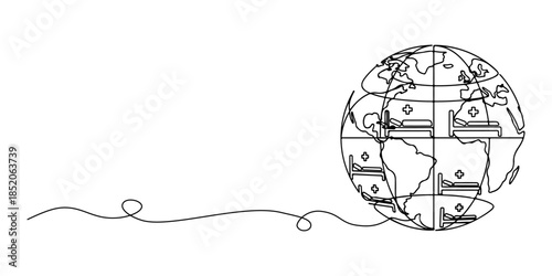 Continuous one line of a globe combined with hospital bed icons, representing international inpatient care service, hand drawn vector illustration.