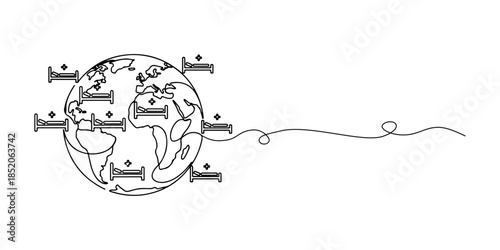 Continuous one line of a globe combined with hospital bed icons, representing international inpatient care service, hand drawn vector illustration.