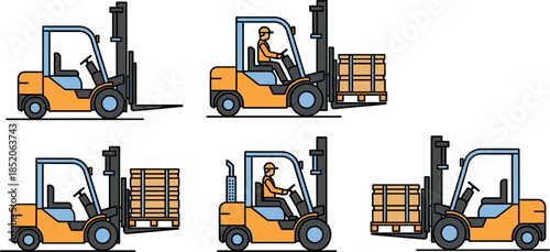 Flat Vector Illustration of Forklift Trucks in Various Operational Poses Handling Pallet Cargo