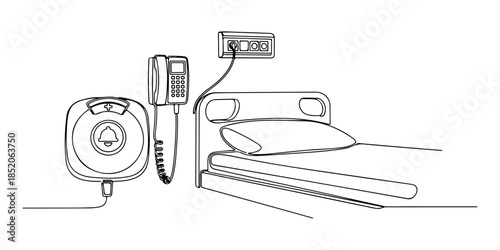 Continuous one line of a nurse call button beside a bed, representing responsive inpatient assistance, hand drawn vector illustration.