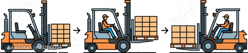 Flat Vector Illustration of Forklift Truck Operation Showing Lifting and Transporting Cargo Pallets