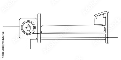 Continuous one line of a nurse call button beside a bed, representing responsive inpatient assistance, hand drawn vector illustration.