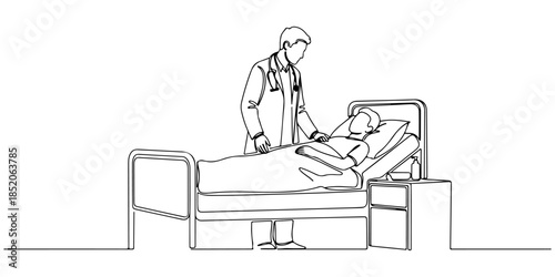 Continuous one line of a doctor checking patient in bed, representing daily inpatient medical rounds, hand drawn vector illustration.