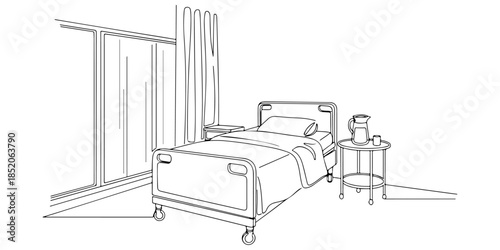 Continuous one line of a hospital room interior with bed and window, representing comfortable inpatient accommodation, hand drawn vector illustration.