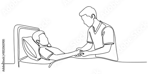 Continuous one line of a caregiver holding patient hand beside bed, representing compassionate inpatient support, hand drawn vector illustration.