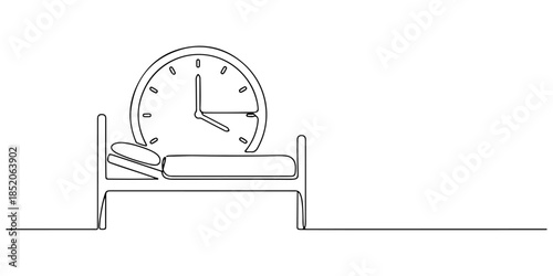 Continuous one line of a clock combined with hospital bed icon, representing 24-hour inpatient care, hand drawn vector illustration.