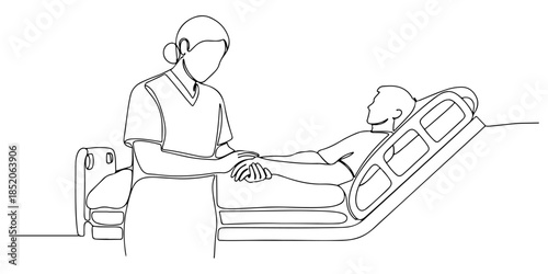 Continuous one line of a caregiver holding patient hand beside bed, representing compassionate inpatient support, hand drawn vector illustration.