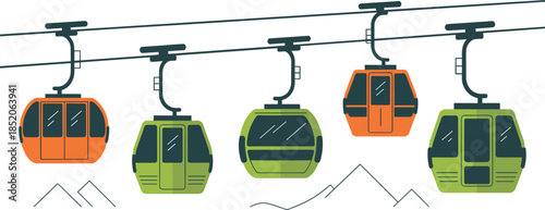 Flat Vector Illustration of Green and Orange Cable Cars Hanging over Mountain Peaks