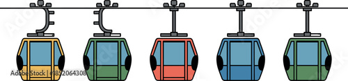 Flat Vector Illustration of Multi-Colored Aerial Gondola Lifts and Cable Cars for Mountain Tourism