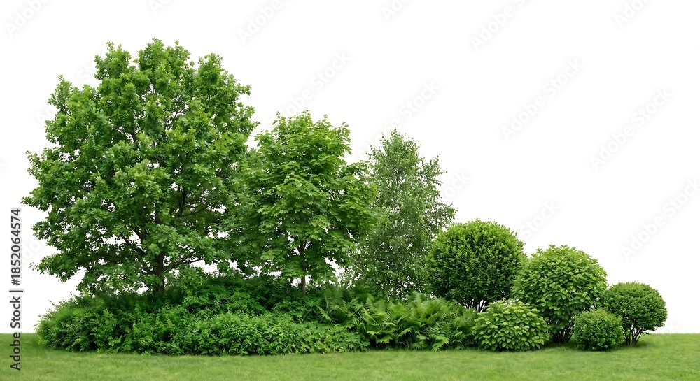 Obraz premium Lush Green Garden Landscape with Trees, Bushes, and Grass on a White Background nature