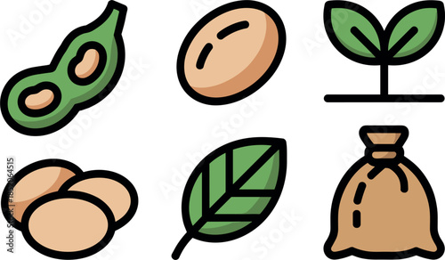 Flat Vector Illustration of Soybean Farming Icons Featuring Pods Seeds Leaves and Growth Stages