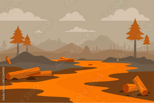 Abstract landscape with orange river flowing through a mountainous terrain