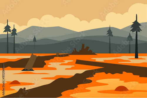 Desolate landscape with barren trees and mountains