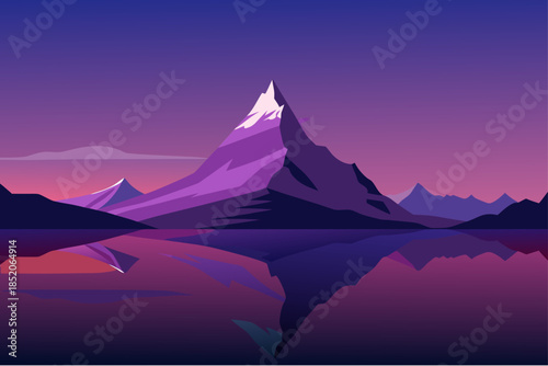 Serene mountain landscape at dusk with reflection on calm water