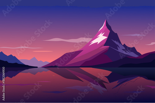 Serene mountain landscape at dusk with majestic peak and tranquil lake