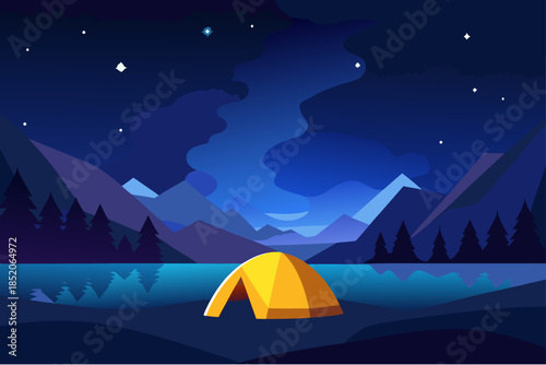 Camping under the stars on a serene mountain lake at night