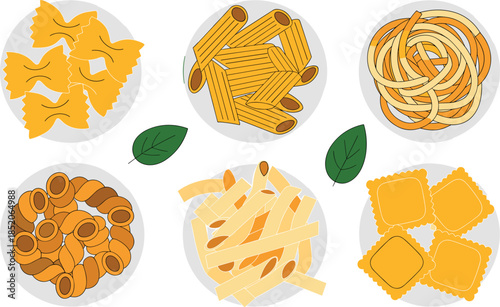 Flat Vector Illustration of Various Italian Pasta Types Including Farfalle Penne Fusilli and Ravioli