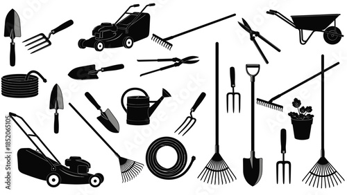 Garden tools silhouette set, lawn mower rake shovel wheelbarrow equipment collection, black gardening icons, landscaping farming illustration vector isolated background