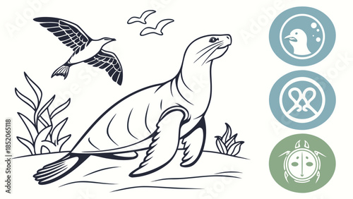 Seal and seagull in natural habitat with eco friendly icons