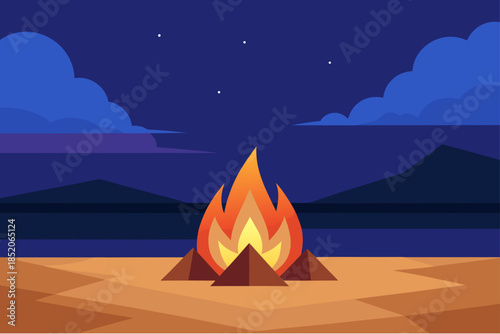 Campfire on a beach at night with mountains