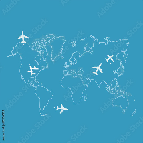 Minimal World Map with Airplanes and Global Flight Routes Vector
