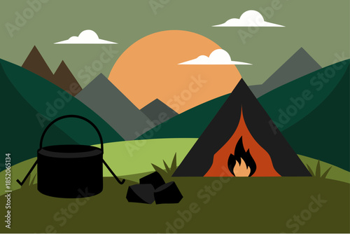 Camping scene with tent and campfire at sunset