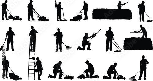 Gardening worker silhouette collection, landscaper mowing trimming raking hedge cutting tasks, lawn care maintenance illustration vector set isolated black background
